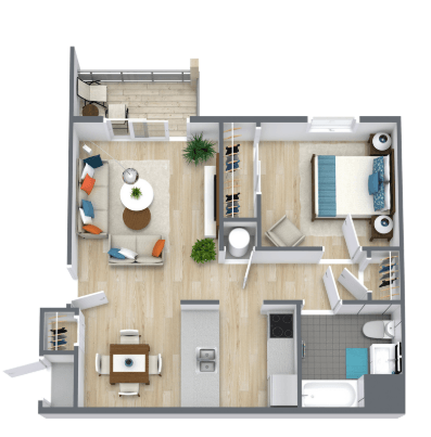 A top-down view of a house layout with a kitchen, living room, and bathroom.